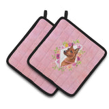 Caroline'S Treasures Ck4161Pthd Miniature Pinscher Pink Flowers Pair Of Pot Holders Potholders, Multicolor