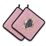 Caroline'S Treasures Ck4163Pthd Newfoundland Pink Flowers Pair Of Pot Holders Potholders, Multicolor