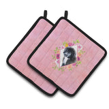 Caroline'S Treasures Ck4164Pthd Newfoundland Puppy Pink Flowers Pair Of Pot Holders Potholders, Multicolor