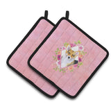 Caroline'S Treasures Ck4167Pthd Corgi Pink Flowers Pair Of Pot Holders Potholders, Multicolor