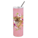 Caroline'S Treasures Shar Pei Pink Flowers Double Walled Stainless Steel 20 Oz Skinny Travel-Insulated-Tumblers, Multicolor