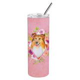 Caroline'S Treasures Sheltie Pink Flowers Double Walled Stainless Steel 20 Oz Skinny Travel-Insulated-Tumblers, Multicolor