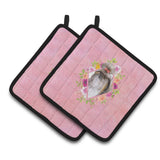 Caroline'S Treasures Ck4184Pthd Shih Tzu Pink Flowers Pair Of Pot Holders Potholders, Multicolor