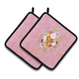 Caroline'S Treasures Ck4190Pthd Toy Terrier Pink Flowers Pair Of Pot Holders Potholders, Multicolor