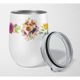 Caroline'S Treasures Welsh Terrier Pink Flowers Stainless Steel 12 Oz Stemless Wine Glass Travel-Insulated-Tumblers, Multicolo