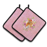 Caroline'S Treasures Ck4195Pthd Yorkshire Terrier #2 Pink Flowers Pair Of Pot Holders Potholders, Multicolor
