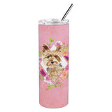 Caroline'S Treasures Yorkie Pink Flowers Double Walled Stainless Steel 20 Oz Skinny Travel-Insulated-Tumblers, Multicolor