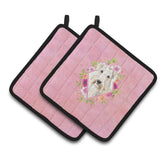 Caroline'S Treasures Ck4202Pthd Wheaten Terrier Pink Flowers Pair Of Pot Holders Potholders, Multicolor