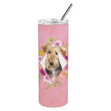 Caroline'S Treasures Airedale Terrier Pink Flowers Double Walled Stainless Steel 20 Oz Skinny Travel-Insulated-Tumblers, Multi
