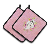 Caroline'S Treasures Ck4210Pthd Siberian Husky Pink Flowers Pair Of Pot Holders Potholders, Multicolor