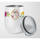 Caroline'S Treasures Siberian Husky Pink Flowers Stainless Steel 12 Oz Stemless Wine Glass Travel-Insulated-Tumblers, Multicol
