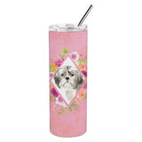 Caroline'S Treasures Shih Tzu Puppy Pink Flowers Double Walled Stainless Steel 20 Oz Skinny Travel-Insulated-Tumblers, Multico