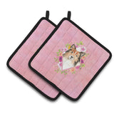 Caroline'S Treasures Ck4213Pthd Sheltie Pink Flowers Pair Of Pot Holders Potholders, Multicolor