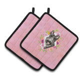 Caroline'S Treasures Ck4214Pthd Scottish Terrier Pink Flowers Pair Of Pot Holders Potholders, Multicolor