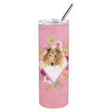 Caroline'S Treasures Collie Pink Flowers Double Walled Stainless Steel 20 Oz Skinny Travel-Insulated-Tumblers, Multicolor