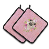 Caroline'S Treasures Ck4218Pthd Fawn Pug Pink Flowers Pair Of Pot Holders Potholders, Multicolor