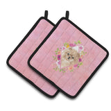 Caroline'S Treasures Ck4219Pthd Pomeranian Pink Flowers Pair Of Pot Holders Potholders, Multicolor