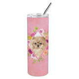 Caroline'S Treasures Pomeranian Pink Flowers Double Walled Stainless Steel 20 Oz Skinny Travel-Insulated-Tumblers, Multicolor,