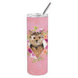 Caroline'S Treasures Norwich Terrier Pink Flowers Double Walled Stainless Steel 20 Oz Skinny Travel-Insulated-Tumblers, Multic