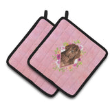 Caroline'S Treasures Ck4221Pthd Newfoundland Pink Flowers Pair Of Pot Holders Potholders, Multicolor