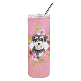 Caroline'S Treasures Schnauzer #2 Pink Flowers Double Walled Stainless Steel 20 Oz Skinny Travel-Insulated-Tumblers, Multicolo