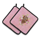 Caroline'S Treasures Ck4228Pthd Labradoodle Pink Flowers Pair Of Pot Holders Potholders, Multicolor