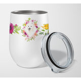 Caroline'S Treasures Japanese Spitz Pink Flowers Stainless Steel 12 Oz Stemless Wine Glass Travel-Insulated-Tumblers, Multicol