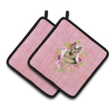 Caroline'S Treasures Ck4237Pthd German Shepherd Pink Flowers Pair Of Pot Holders Potholders, Multicolor