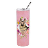 Caroline'S Treasures German Shepherd Pink Flowers Double Walled Stainless Steel 20 Oz Skinny Travel-Insulated-Tumblers, Multic