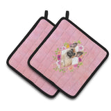 Caroline'S Treasures Ck4238Pthd Fawn French Bulldog Pink Flowers Pair Of Pot Holders Potholders, Multicolor
