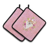 Caroline'S Treasures Ck4243Pthd Corgi Pink Flowers Pair Of Pot Holders Potholders, Multicolor