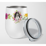 Caroline'S Treasures Black Parti Cocker Spaniel Pink Flowers Stainless Steel 12 Oz Stemless Wine Glass Travel-Insulated-Tumble