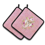 Caroline'S Treasures Ck4245Pthd Chihuahua Pink Flowers Pair Of Pot Holders Potholders, Multicolor