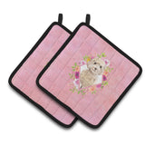 Caroline'S Treasures Ck4246Pthd Champagne Cockapoo Pink Flowers Pair Of Pot Holders Potholders, Multicolor