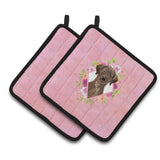 Caroline'S Treasures Ck4251Pthd Chocolate Labrador Pink Flowers Pair Of Pot Holders Potholders, Multicolor