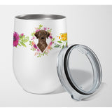 Caroline'S Treasures Chocolate Labrador Pink Flowers Stainless Steel 12 Oz Stemless Wine Glass Travel-Insulated-Tumblers, Mult