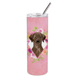 Caroline'S Treasures Chocolate Labrador Pink Flowers Double Walled Stainless Steel 20 Oz Skinny Travel-Insulated-Tumblers, Mul