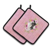 Caroline'S Treasures Ck4258Pthd Border Collie Pink Flowers Pair Of Pot Holders Potholders, Multicolor
