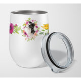 Caroline'S Treasures Border Collie Pink Flowers Stainless Steel 12 Oz Stemless Wine Glass Travel-Insulated-Tumblers, Multicolo