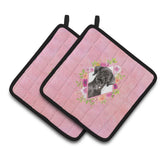Caroline'S Treasures Ck4261Pthd Black Labrador Pink Flowers Pair Of Pot Holders Potholders, Multicolor