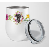 Caroline'S Treasures Black Labrador Pink Flowers Stainless Steel 12 Oz Stemless Wine Glass Travel-Insulated-Tumblers, Multicol