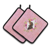 Caroline'S Treasures Ck4262Pthd Black And Tan Dachshund Pink Flowers Pair Of Pot Holders Potholders, Multicolor