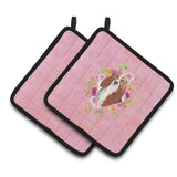 Caroline'S Treasures Ck4266Pthd Basset Hound Pink Flowers Pair Of Pot Holders Potholders, Multicolor 2 Count