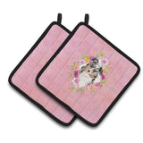 Caroline'S Treasures Ck4267Pthd Australian Shepherd Pink Flowers Pair Of Pot Holders Potholders, Multicolor