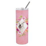Caroline'S Treasures White Pit Bull Terrier Pink Flowers Stainless Steel 20 Oz Skinny Travel-Insulated-Tumblers, Multicolor