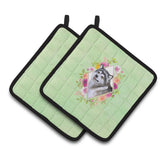 Caroline'S Treasures Ck4272Pthd Alaskan Malamute Green Flowers Pair Of Pot Holders Potholders, Multicolor