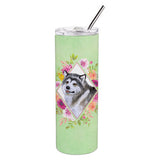 Caroline'S Treasures Alaskan Malamute Green Flowers Double Walled Stainless Steel 20 Oz Skinny Travel-Insulated-Tumblers, Mult