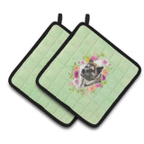 Caroline'S Treasures Ck4273Pthd Akita Green Flowers Pair Of Pot Holders Potholders, Multicolor