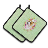 Caroline'S Treasures Ck4274Pthd Bull Terrier Green Flowers Pair Of Pot Holders Potholders, Multicolor