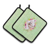 Caroline'S Treasures Ck4279Pthd Bichon Fris #1 Green Flowers Pair Of Pot Holders Potholders, Multicolor